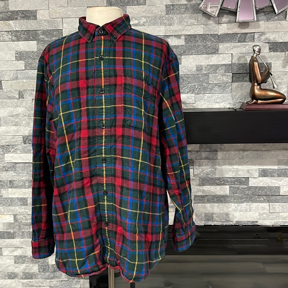 VTG L.L. Bean Green Blue Red Multi Color Plaid Flannel Button Up Shirt Sz Large